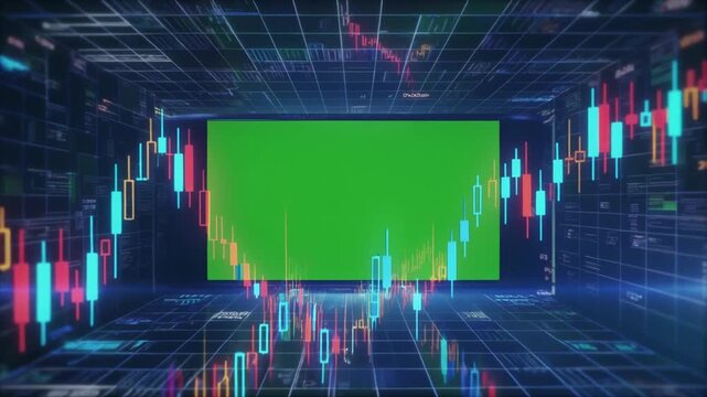 Futuristic stock market data visualization with dynamic graphs and green screen