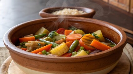 Vegetable stew with broccoli carrots potatoes and green beans in bowl