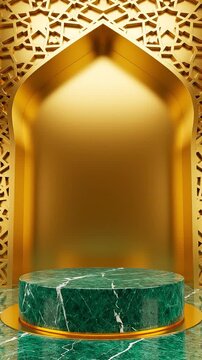 Luxurious Golden Islamic Archway with Green Marble Pedestal for Product Display and Festive Occasions