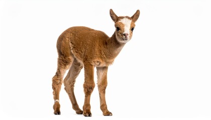 Obraz premium Small brown white llama standing adorable animal cute llama stands on clean white surface unique animal