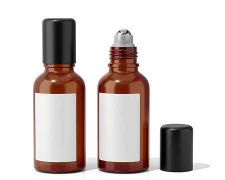 Blank Amber Roller Ball Bottle With Blank Label on Transparent Background, Prepared For Mockup, 3D Render.