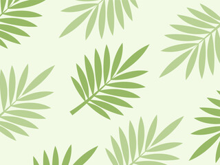 Obraz premium Seamless pattern of green tropical palm leaves on a light green background, featuring a minimalist flat design.