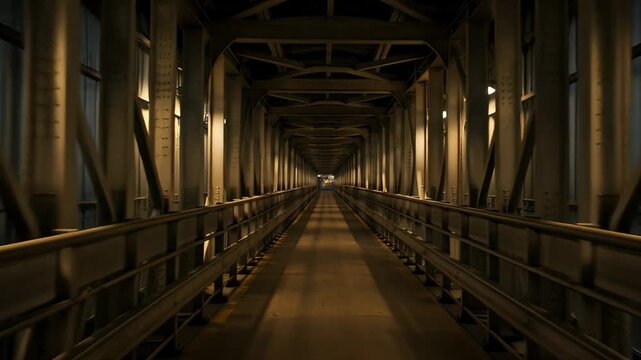 Industrial bridge interior perspective wide angle dark tones structure