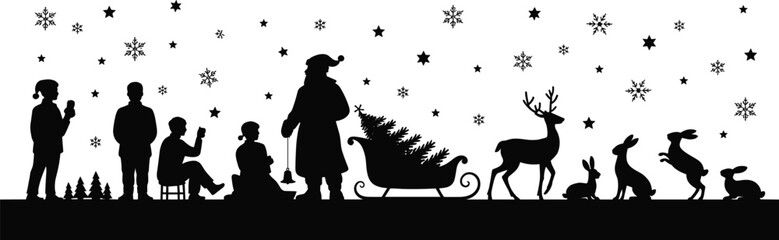 Christmas silhouette scene, Santa Claus lantern, sleigh with tree, reindeer and animals, children festive gathering, winter holiday decor inspiration showcase © Minhazul
