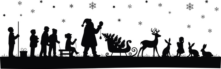 Christmas silhouettes, Santa Claus icons, festive holiday vector, children design, reindeer outline, sleigh graphic, winter celebration illustration, snowflake pattern, seasonal joy © Minhazul