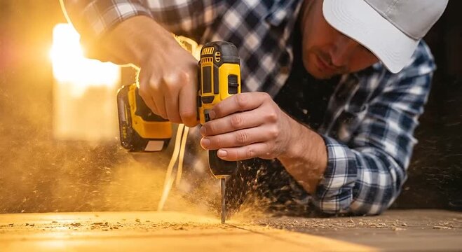 Man in plaid shirt and white cap drilling wood with power drill, sawdust flying