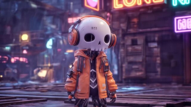 Animated character wearing headphones in urban cyberpunk scene