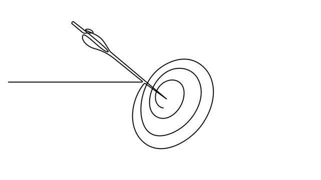 Continuous one line drawing target arrow video animation in center of target design template illustration. Full length single line art 4K animation video