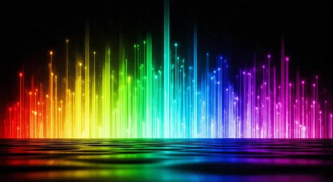 Vibrant rainbow light bars rise from a rippled reflective surface on a dark background