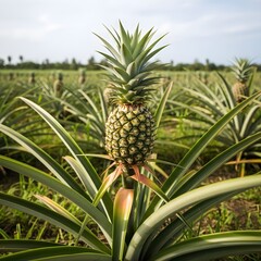 Ripe pineapple growing in lush green tropical farm field with fresh leaves under clear blue sky agriculture harvest