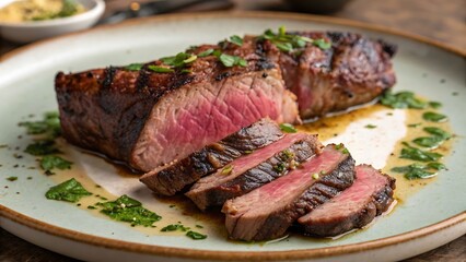 Grilled beef steak sliced on plate with herb oil garnish for gourmet restaurant main dish