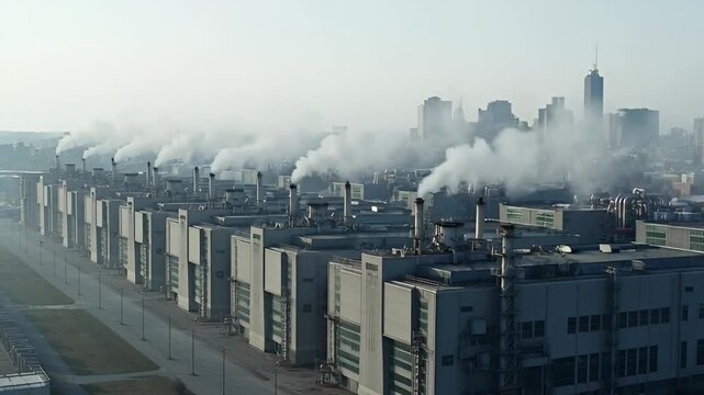 Industrial complex with smoke emissions against a foggy sky