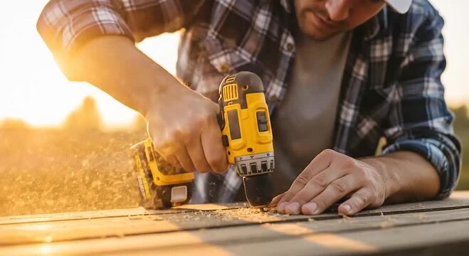 Man drilling into wooden planks, sawdust flying in golden hour light. Hands holding power drill