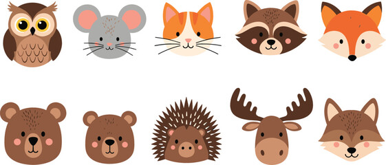 Fototapeta premium Cute Woodland Animal Faces Vector Illustration Set with Forest Animal Cartoon Heads Kids Nursery Flat Design