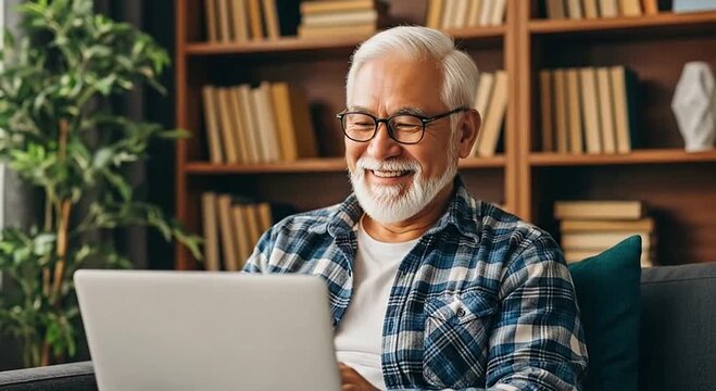 Smiling senior man with white beard and glasses using laptop on sofa at home