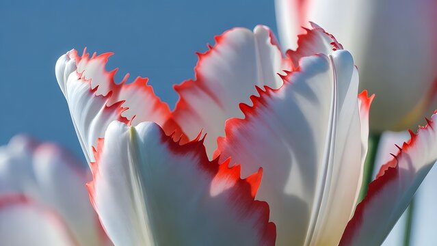 Macro detail of white tulip with red fringed edges. Minimalist floral texture and botanical pattern concept. Close up of crisp petals with vibrant colorful borders