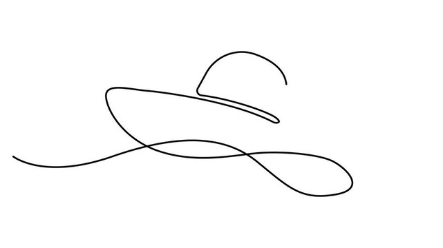 Abstract Hat with Large Brim, Wide-brimmed Cowboy hat. Self drawing animation one continuous line draw. Wide-brimmed hat with stitching details. Full length single line art 4K animation video