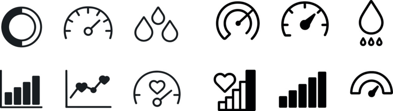 A collection of six black and white icons depicting various data visualization elements, including graphs, gauges, and indicators, suitable for representing analytical concepts.