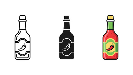 Vibrant vector illustration of three stylized hot sauce bottles with chili pepper logos, perfect for food packaging, branding, and spicy product promotions.