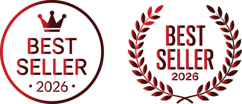 Two elegant red gradient best seller 2026 labels featuring circular frame and wheat wreath design for premium product quality guarantee branding.
