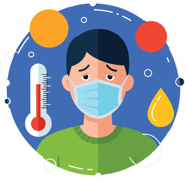 Sick man in face mask with thermometer and fever symptoms vector