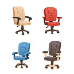 Obraz premium Four ergonomic office chairs are displayed on a transparent background. Each chair features adjustable height, swivel wheels, and armrests. Colors include tan, red, blue, and brown.