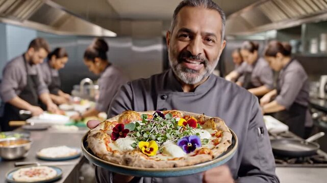 Smiling chef presenting gourmet pizza in professional kitchen