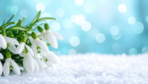 Cluster of delicate white snowdrop flowers growing through fresh winter snow against soft teal blue bokeh background light