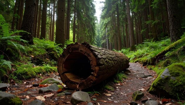 Empty hollow tree trunk lies across forest trail with moss covered rocks and dense evergreen trees