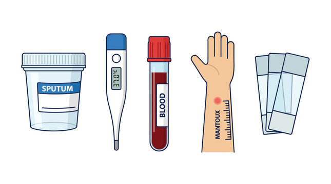 Tuberculosis TB Diagnostic Tools: Sputum, Blood, Thermometer, Mantoux Skin Test, and Microscope Slides for Medical Health Screening. Flat Line Art Illustration on White Background.