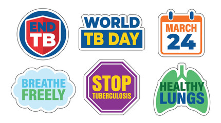 Obraz premium Tuberculosis Awareness Stickers, World TB Day, March 24, Lungs, Prevention, Public Health Awareness, Colorful Flat Graphic Vector Illustration