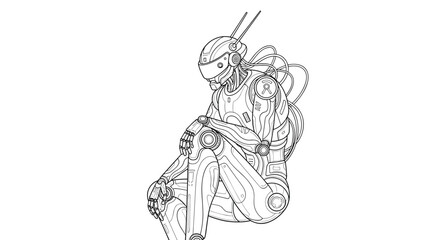 Obraz premium Detailed line art illustration of a futuristic humanoid robot sitting down with complex mechanical parts and wires.