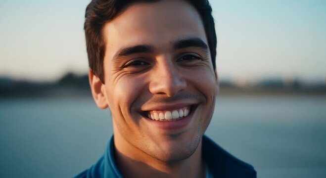 Young Man Smiling Happily Outdoors at Sunset, Close Up Portrait