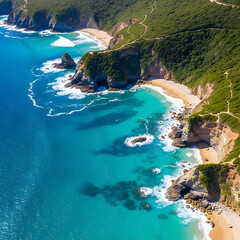 Stunning aerial view of a rugged coastline featuring turquoise waters, sandy beaches, and lush green cliffs under clear sky