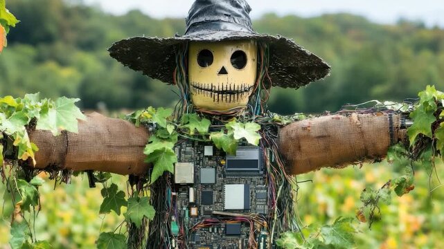 Recycled scarecrow with tech components