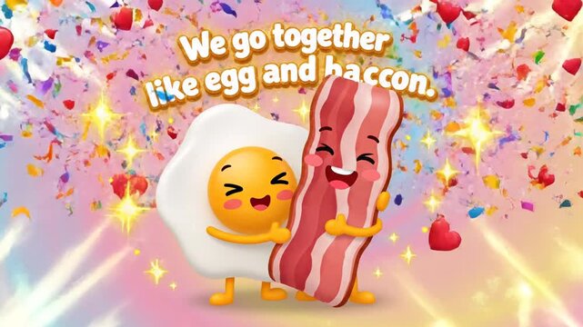 Happy cartoon egg and bacon characters hugging on colorful background