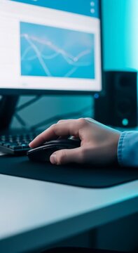 Close-Up of Hand Using Computer Mouse While Analyzing Data on Screen