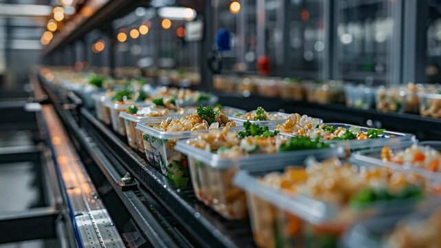 Vibrant meal containers filled with nutritious vegetables and wholesome grains move steadily along a conveyor belt in a well-organized food manufacture facility