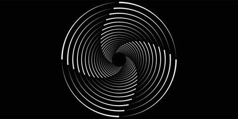 et of black thick halftone dotted speed lines. Speed lines in circle form. Geometric art. Design element for frame, logo, tattoo, web pages, prints, posters, template, abstract vector background.