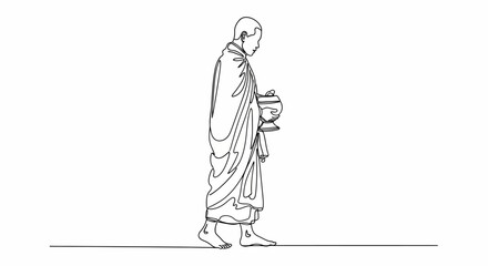 Obraz premium Buddhist Monk Walking, Alms Bowl, Line Art, Spirituality, Religion, Asia