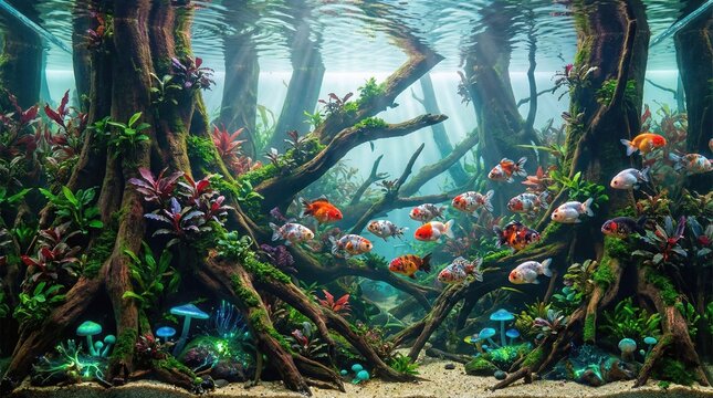 Surreal wide-angle illustration of a sunken ancient forest aquascape with Calico Ranchu goldfish and glowing mushrooms