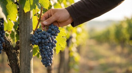 Grapes on Grapevine with Hand Reaching In
