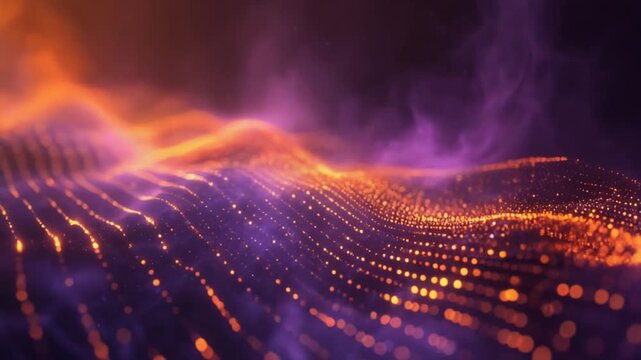 Abstract background with glowing orange and purple dots forming a wavy pattern, creating a futuristic and technological feel with a sense of depth and movement