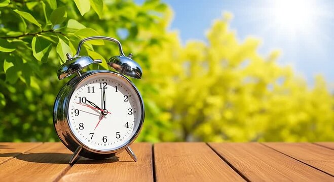 Silver alarm clock on a wooden table outdoors, vibrant green and yellow foliage, sunny