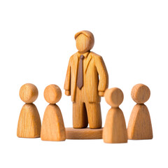 A wooden figurine of a man standing with a group of smaller wooden figurines around him.
