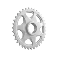 A detailed, white bicycle sprocket showcases a complex web of spokes and a toothed outer edge, presented clearly on a transparent background for versatile design applications.