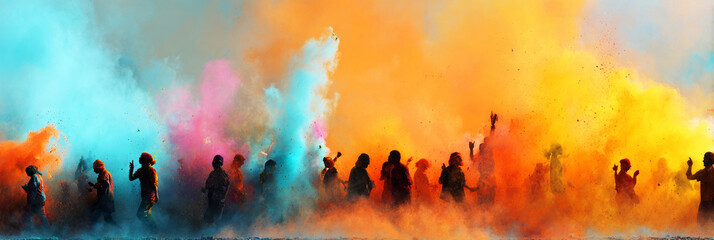Fototapeta premium Groups of people engage in a fun Holi celebration with colorful powders flying in the air. The scene is lively and filled with laughter, creating a joyful and festive atmosphere