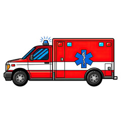 A side view of a cartoonish red and white ambulance vehicle featuring a blue glowing Star of Life symbol and flashing emergency lights on its roof.