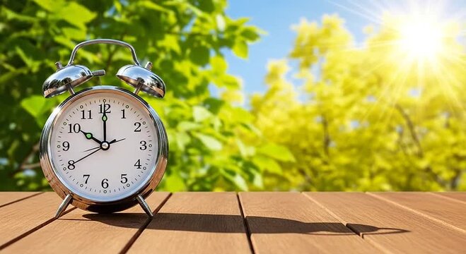 Classic chrome alarm clock on wood, bright sunburst, lush green foliage background