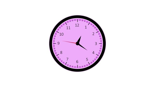 Pink Analog Clock with Black Frame and White Face Showing Approximately on a White Background. Elegant pink clock featuring black bezel and white dial, modern analog design displaying approximate